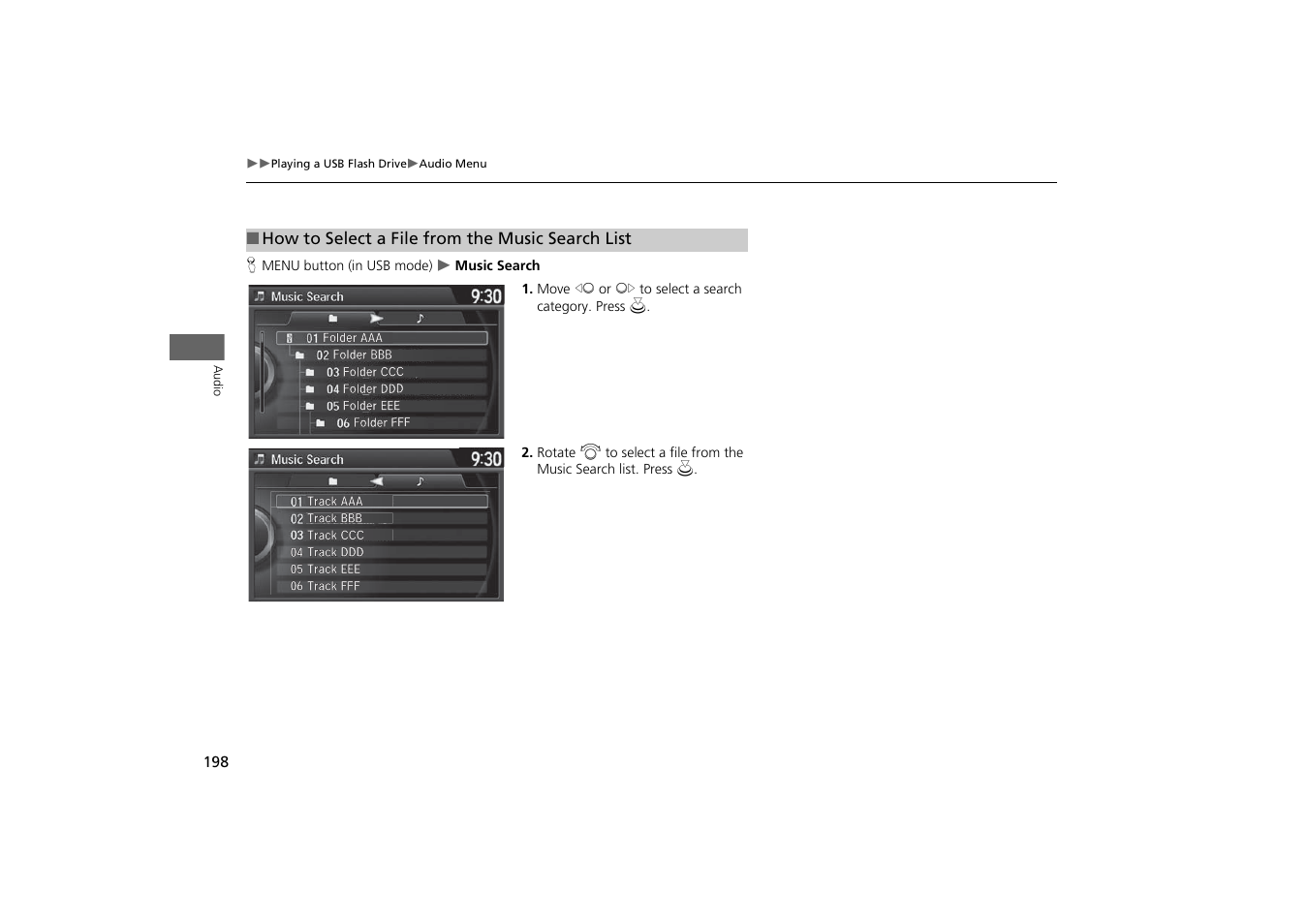How to select a file from the music search list, P. 198 | HONDA 2014 Odyssey - Navigation Manual User Manual | Page 199 / 327