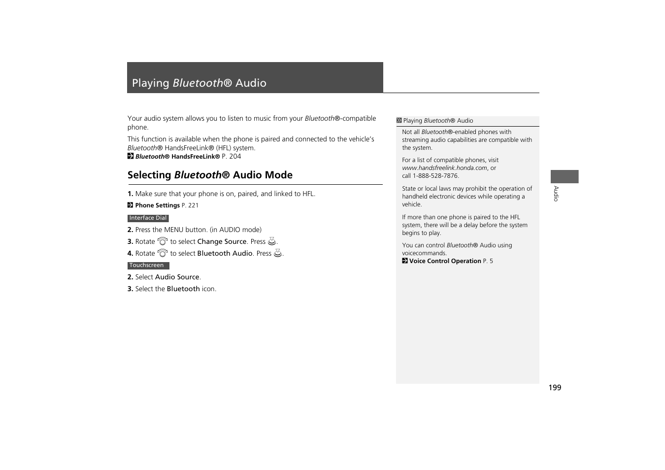 Playing bluetooth ® audio 199, P199), Playing bluetooth ® audio | Selecting bluetooth ® audio mode | HONDA 2014 Odyssey - Navigation Manual User Manual | Page 200 / 327