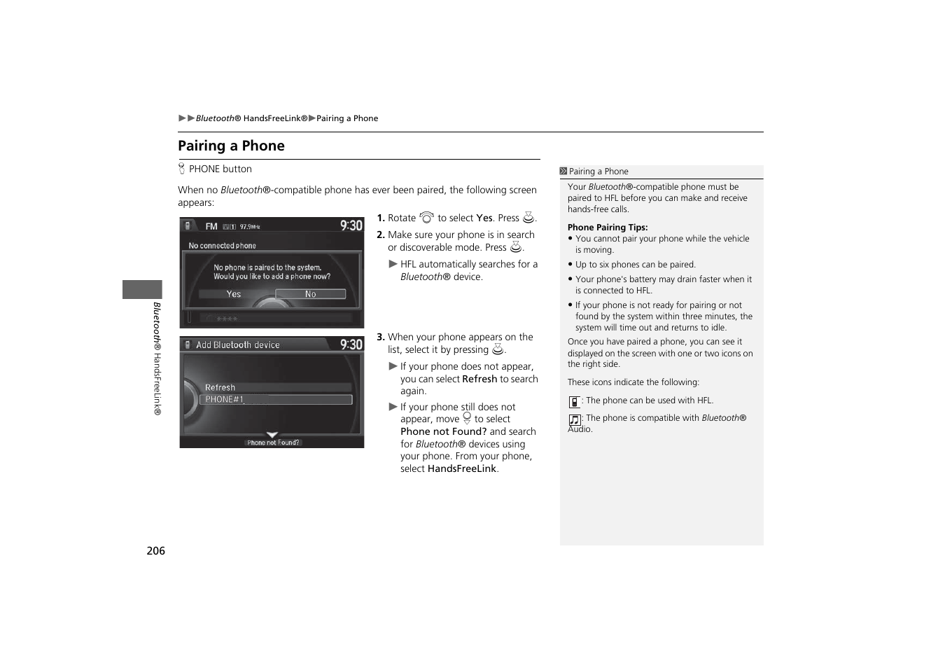 Tton, P206), Pairing a phone | HONDA 2014 Odyssey - Navigation Manual User Manual | Page 207 / 327