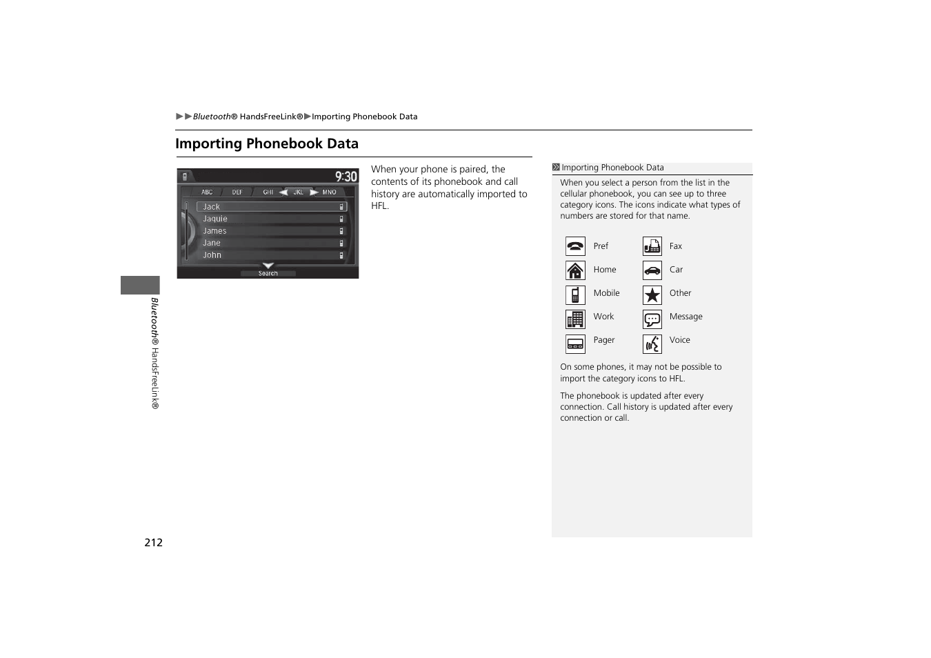 Importing phonebook data | HONDA 2014 Odyssey - Navigation Manual User Manual | Page 213 / 327