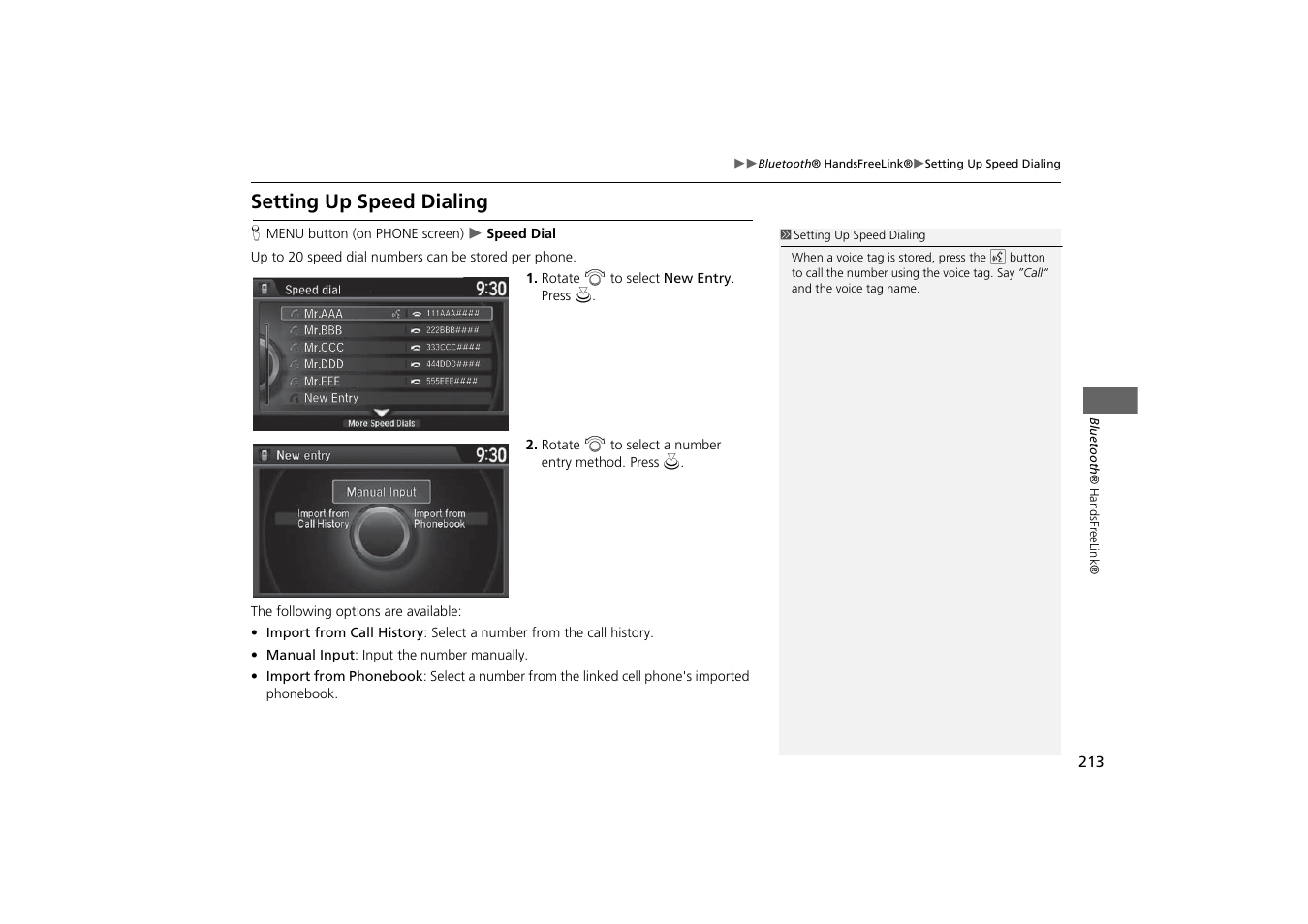 Setting up speed dialing | HONDA 2014 Odyssey - Navigation Manual User Manual | Page 214 / 327