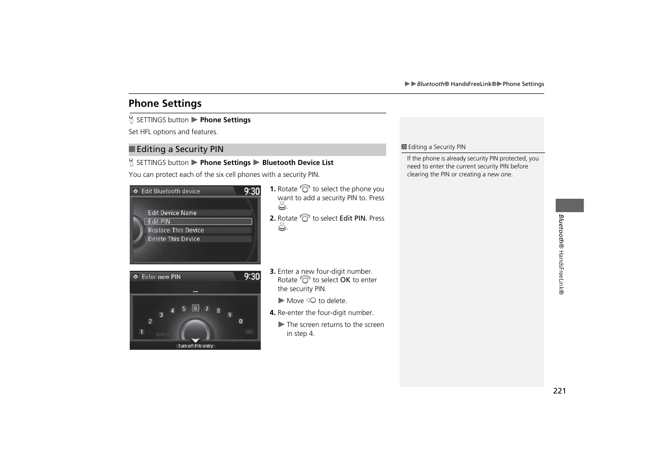 Phone settings p. 221, Phone settings | HONDA 2014 Odyssey - Navigation Manual User Manual | Page 222 / 327