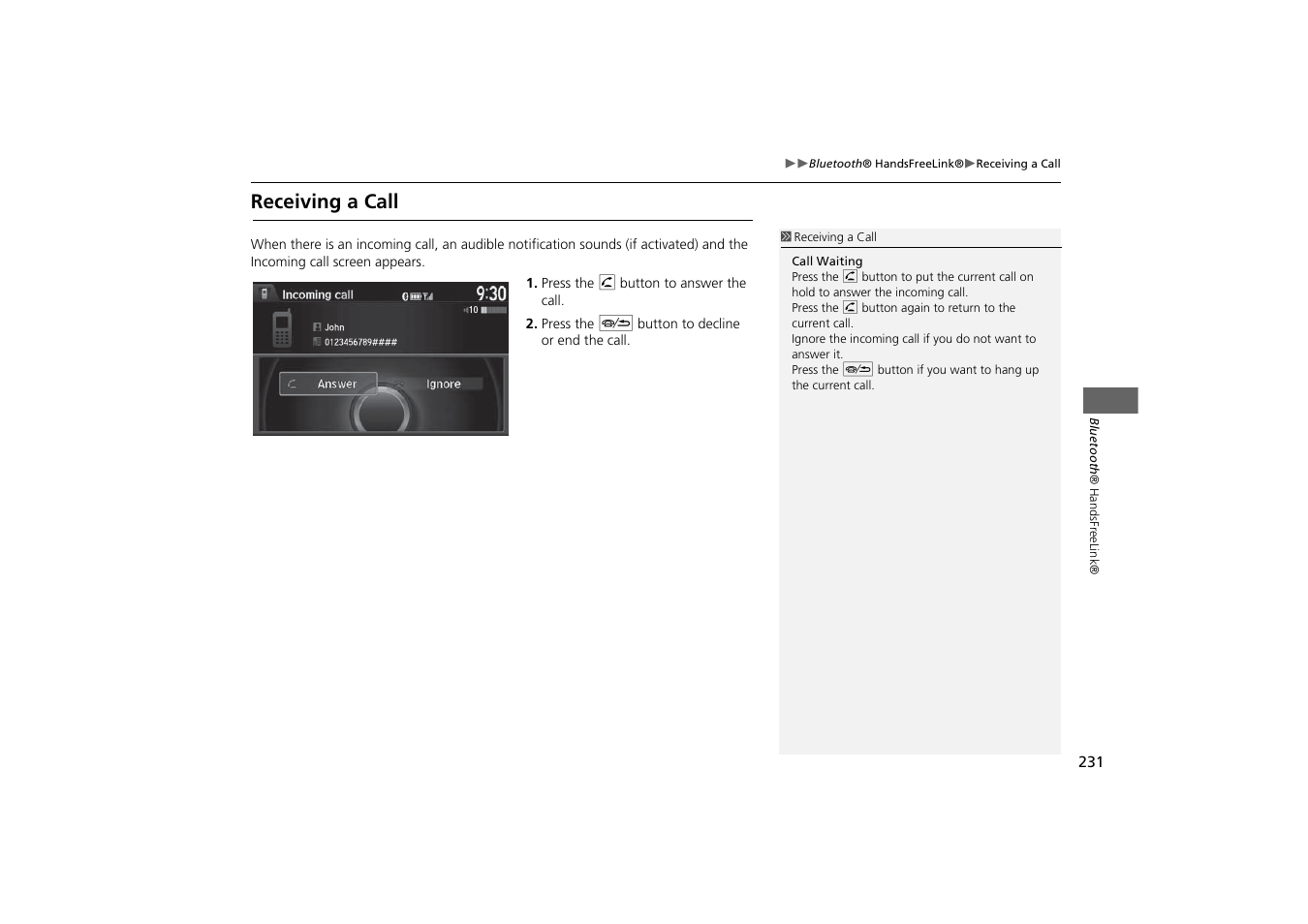 Receiving a call | HONDA 2014 Odyssey - Navigation Manual User Manual | Page 232 / 327