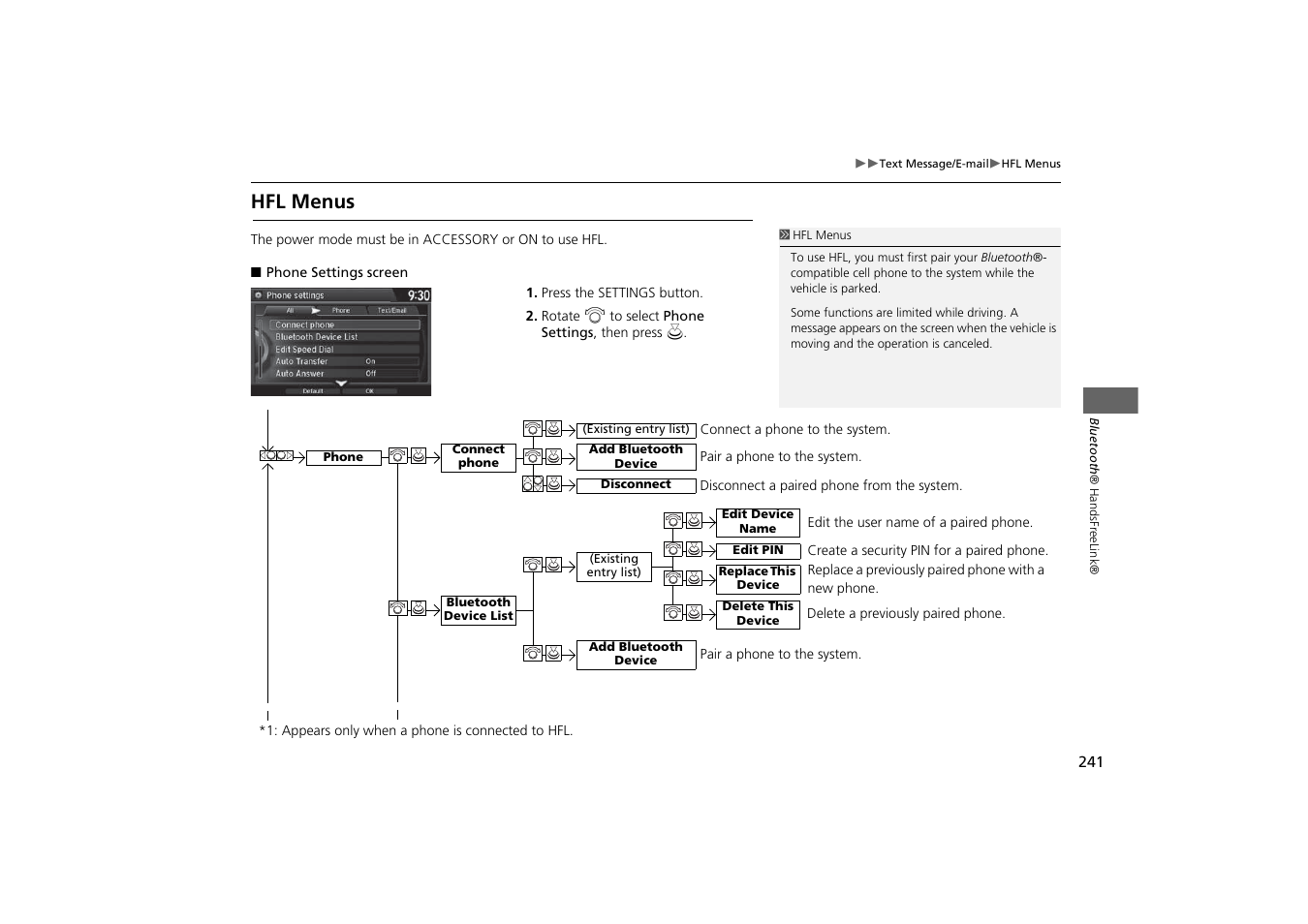 Hfl menus | HONDA 2014 Odyssey - Navigation Manual User Manual | Page 242 / 327