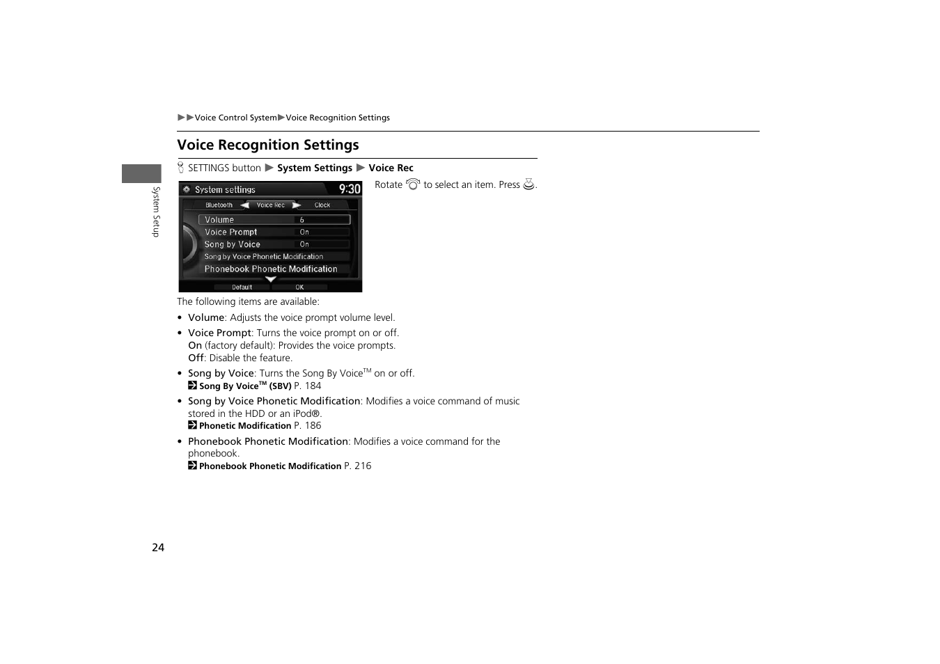 Voice recognition settings, P24) | HONDA 2014 Odyssey - Navigation Manual User Manual | Page 25 / 327