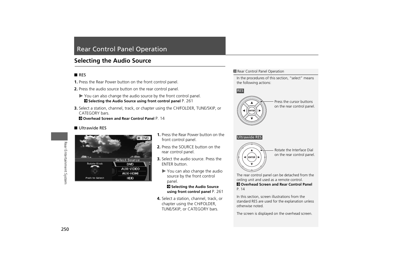 Rear control panel operation 250, Rear control panel operation, Selecting the audio source | 2 rear control panel operation, P. 250 | HONDA 2014 Odyssey - Navigation Manual User Manual | Page 251 / 327