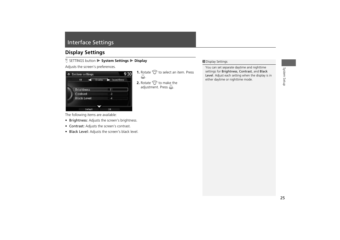 Interface settings 25, Interface settings, Display settings | HONDA 2014 Odyssey - Navigation Manual User Manual | Page 26 / 327