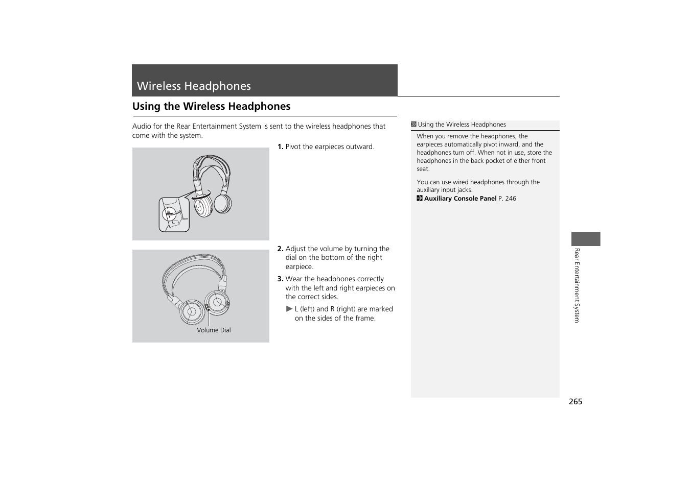 Wireless headphones 265, Wireless headphones, Using the wireless headphones | HONDA 2014 Odyssey - Navigation Manual User Manual | Page 266 / 327
