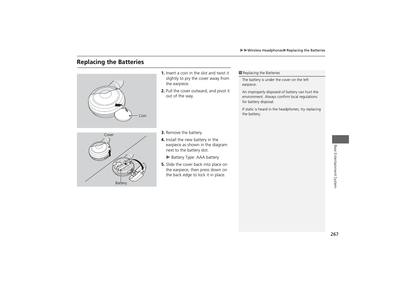 Replacing the batteries | HONDA 2014 Odyssey - Navigation Manual User Manual | Page 268 / 327
