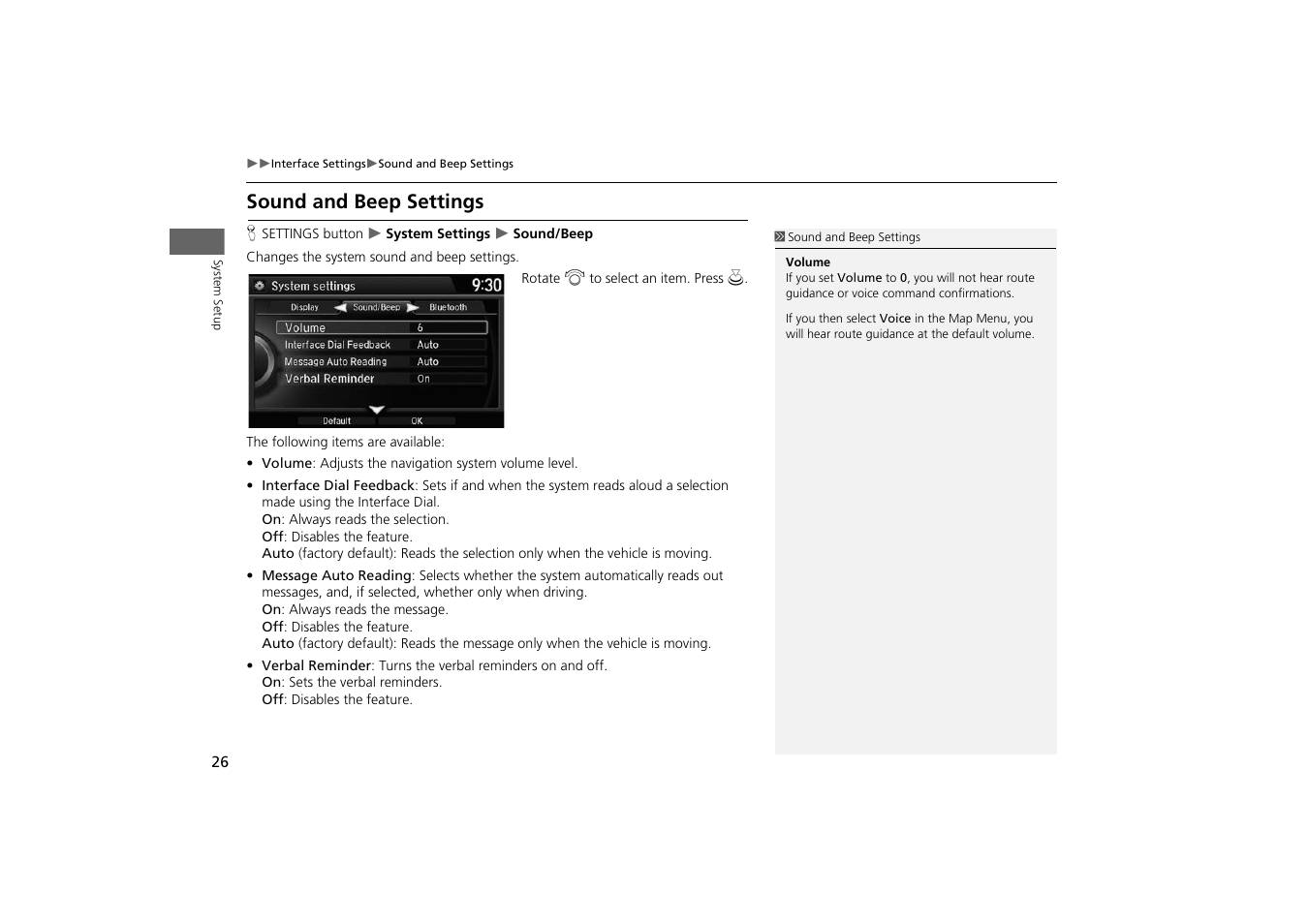 Sound and beep settings | HONDA 2014 Odyssey - Navigation Manual User Manual | Page 27 / 327