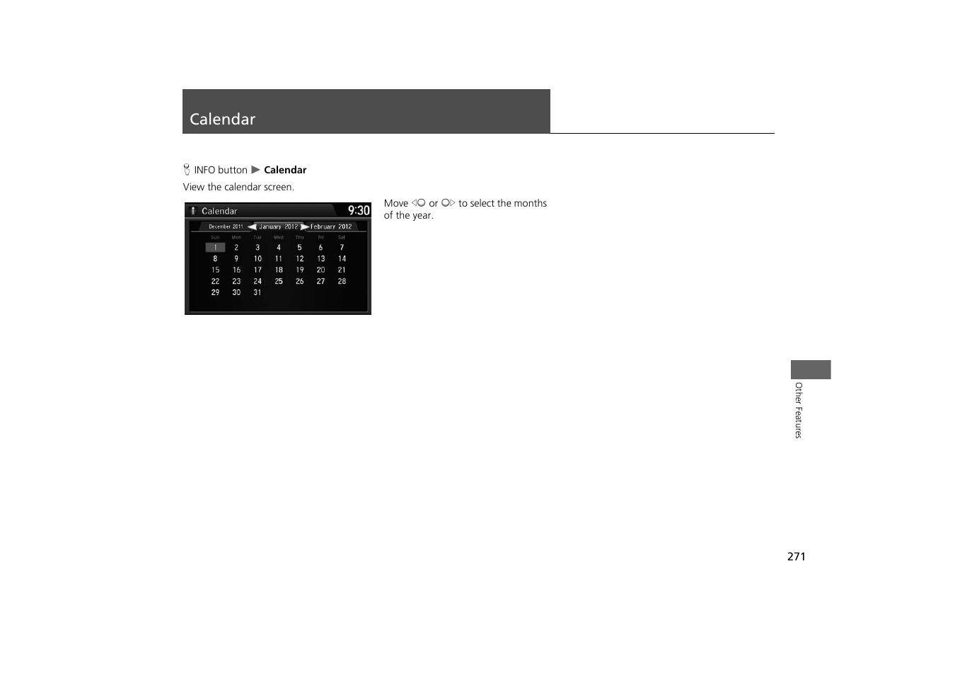Calendar 271, Calendar | HONDA 2014 Odyssey - Navigation Manual User Manual | Page 272 / 327