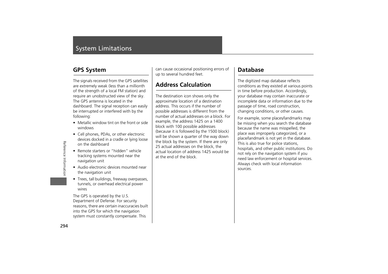 System limitations 294, 2 gps system p. 294, System limitations | Gps system address calculation database | HONDA 2014 Odyssey - Navigation Manual User Manual | Page 295 / 327