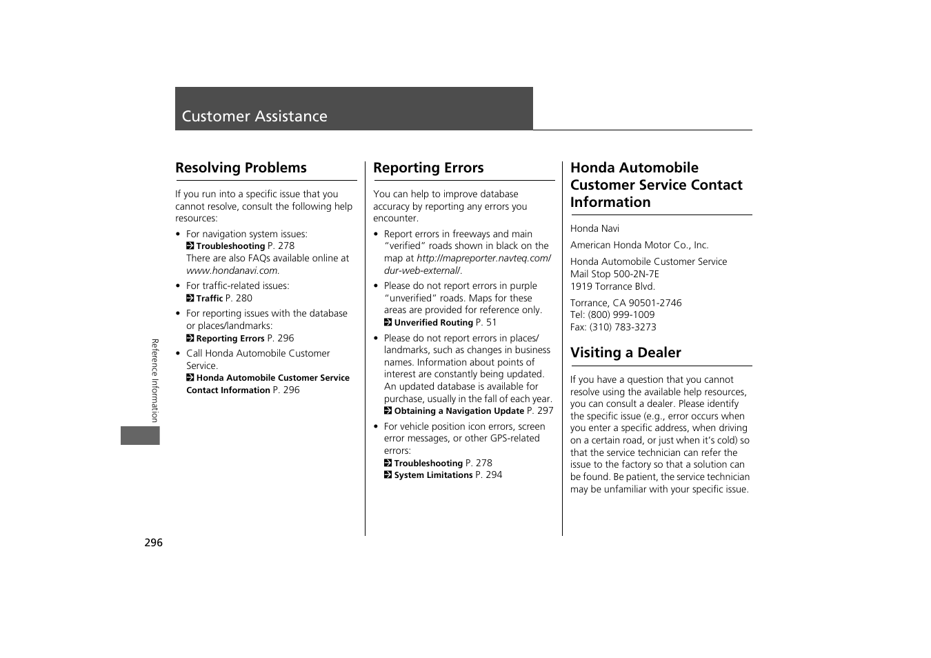 Customer assistance 296, Customer assistance, Contact information | Visiting a dealer, Resolving problems, Reporting errors | HONDA 2014 Odyssey - Navigation Manual User Manual | Page 297 / 327