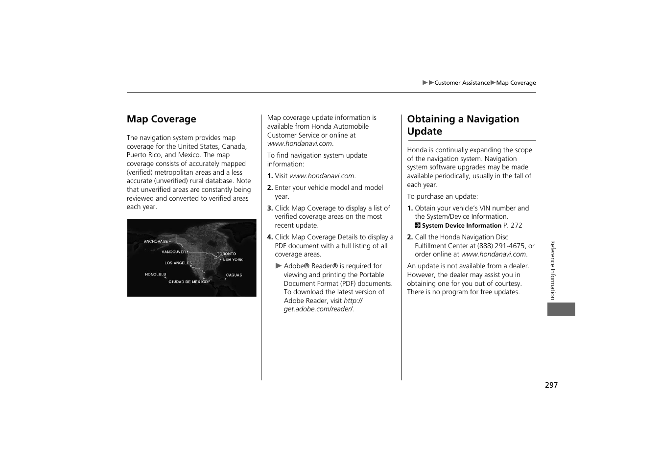 2 map coverage p. 297, Map coverage obtaining a navigation update, H year | 2 obtaining a navigation update, P. 297, Map coverage, Obtaining a navigation update | HONDA 2014 Odyssey - Navigation Manual User Manual | Page 298 / 327