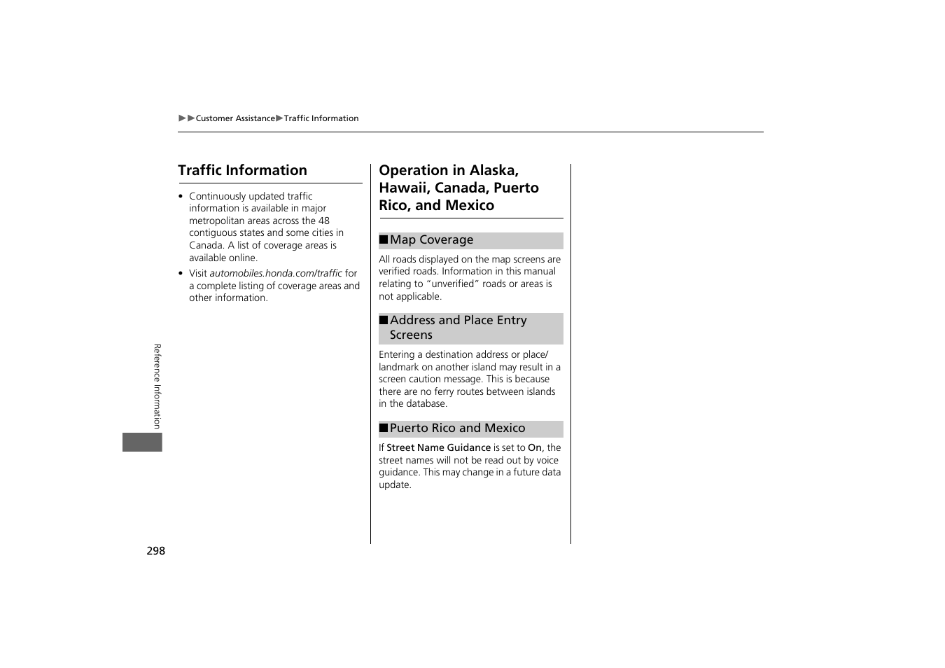 Puerto rico, and mexico, Traffic information | HONDA 2014 Odyssey - Navigation Manual User Manual | Page 299 / 327