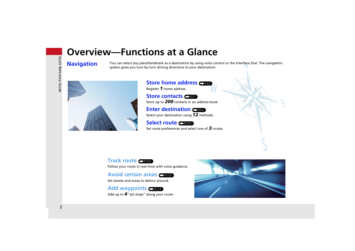 Overview—functions at a glance, Navigation | HONDA 2014 Odyssey - Navigation Manual User Manual | Page 3 / 327