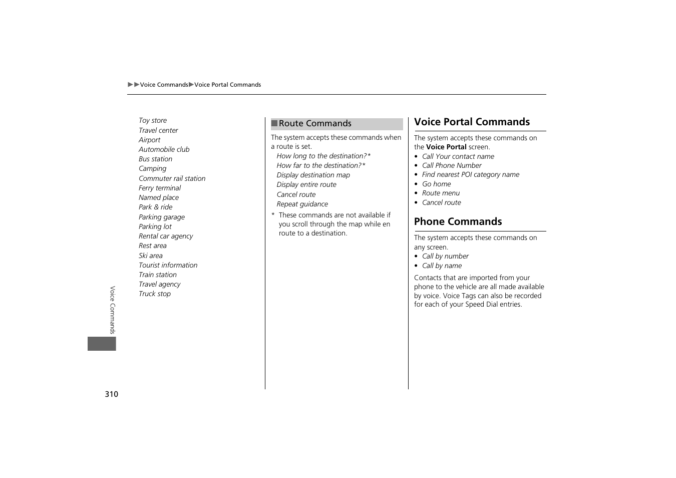 2 route commands p. 310, Voice portal commands phone commands, Voice portal commands | Phone commands | HONDA 2014 Odyssey - Navigation Manual User Manual | Page 311 / 327