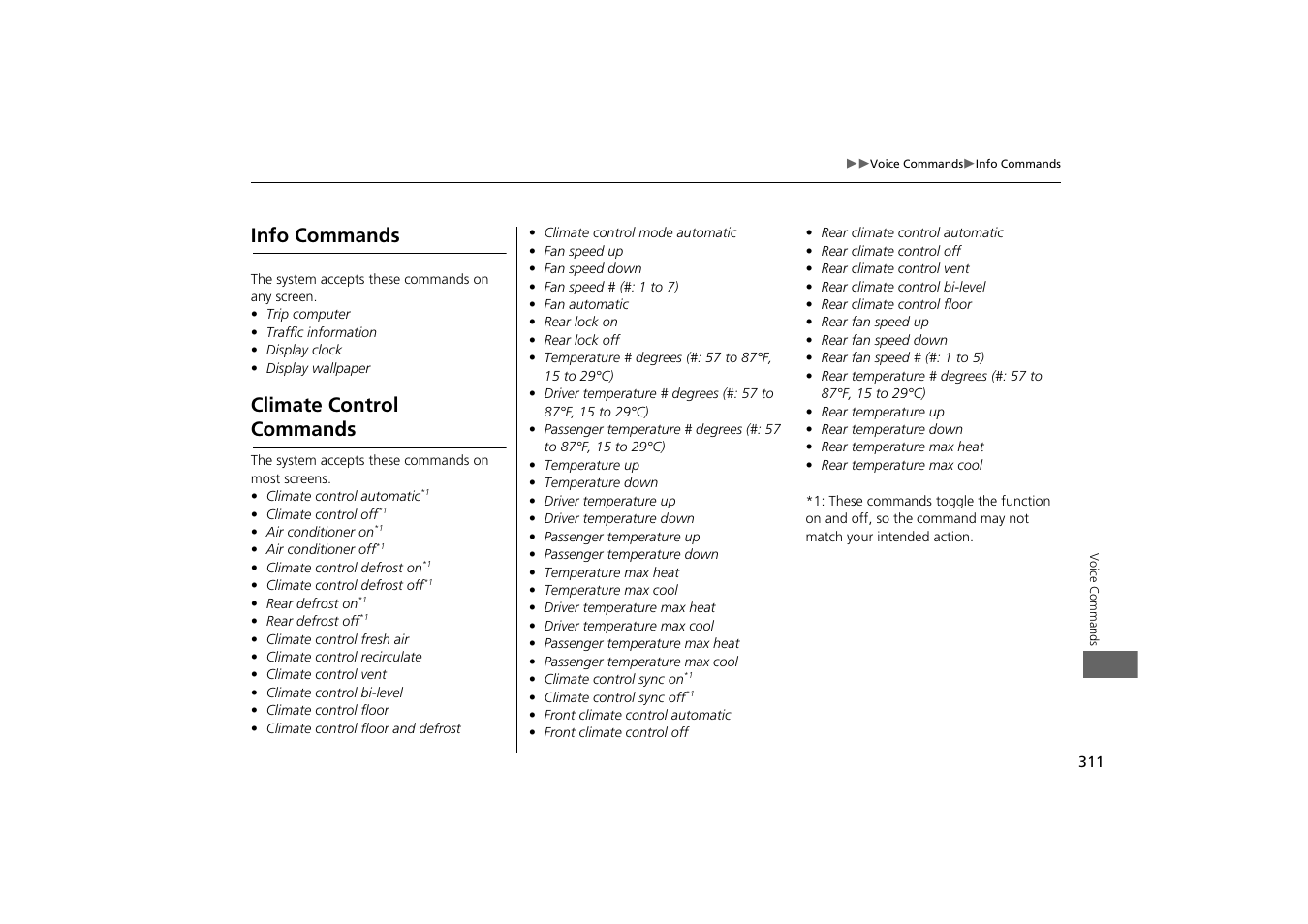 Info commands climate control commands, Info commands, Climate control commands | HONDA 2014 Odyssey - Navigation Manual User Manual | Page 312 / 327