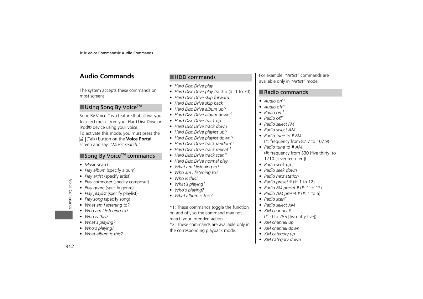 2 song by voice, Commands p. 312, Audio commands | HONDA 2014 Odyssey - Navigation Manual User Manual | Page 313 / 327