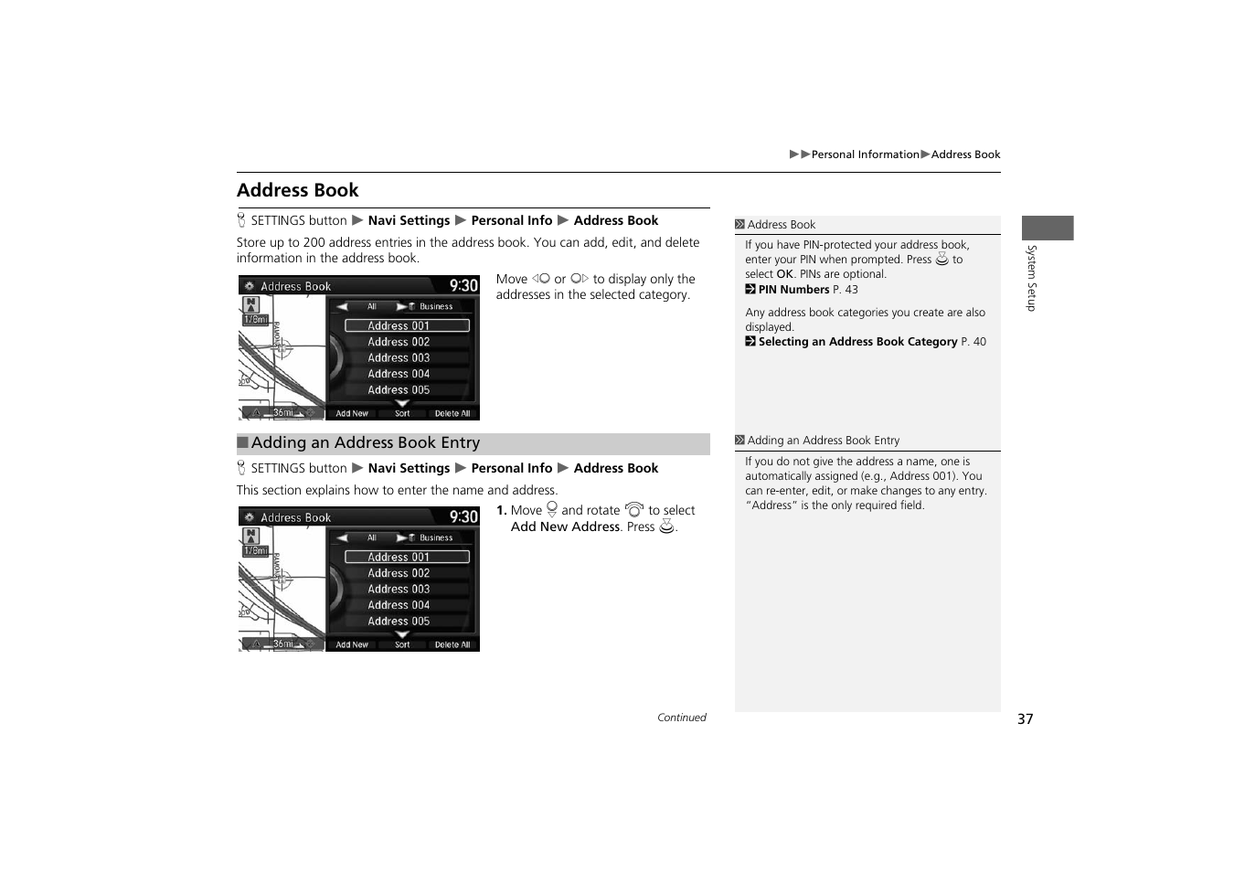 P37), Address book, P. 37 | HONDA 2014 Odyssey - Navigation Manual User Manual | Page 38 / 327