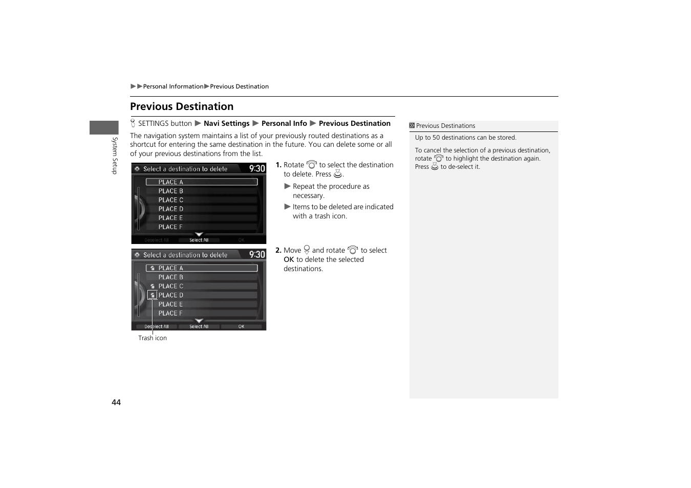 Previous destination, History, P. 44 | HONDA 2014 Odyssey - Navigation Manual User Manual | Page 45 / 327