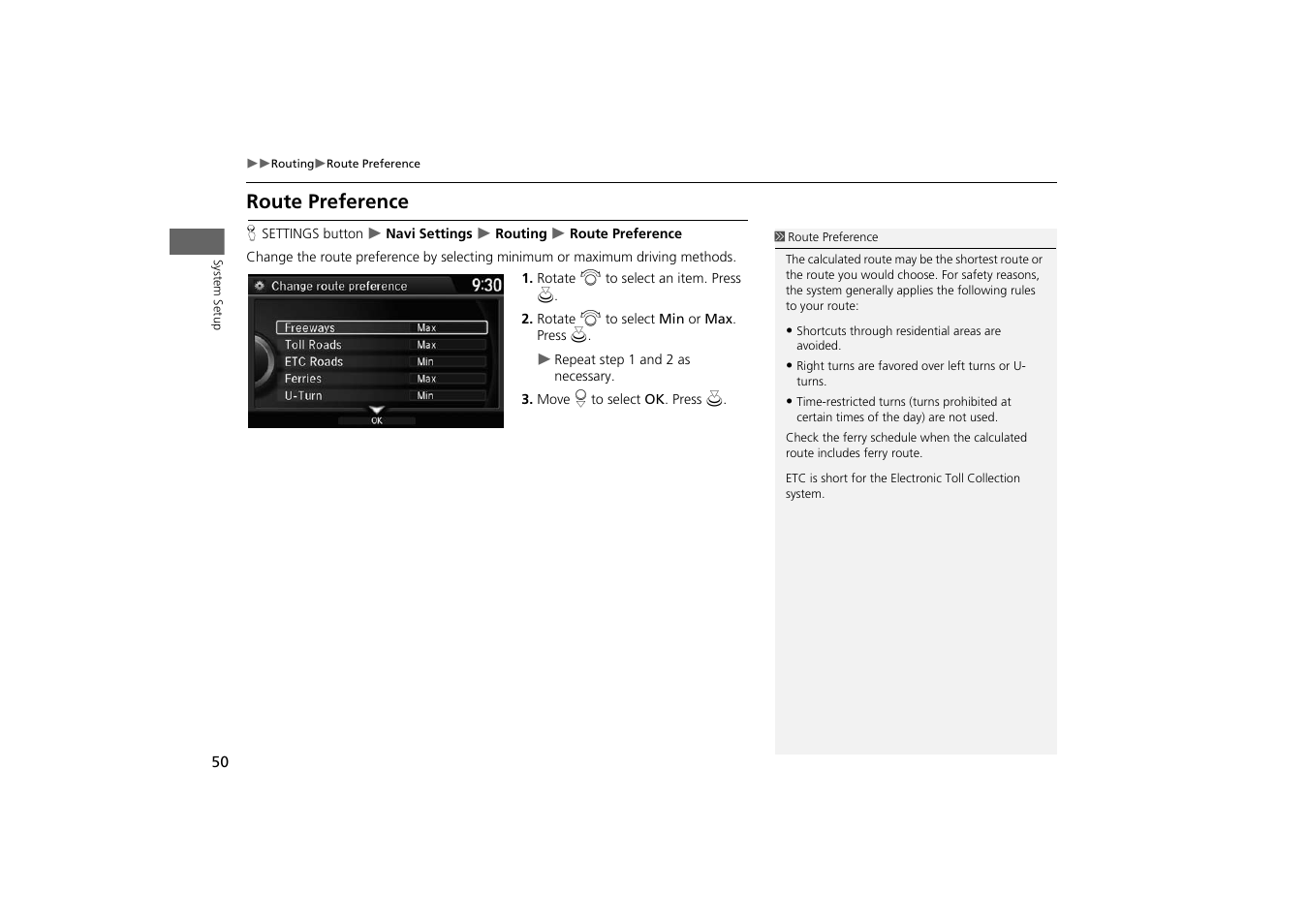 Route preference, P. 50 | HONDA 2014 Odyssey - Navigation Manual User Manual | Page 51 / 327