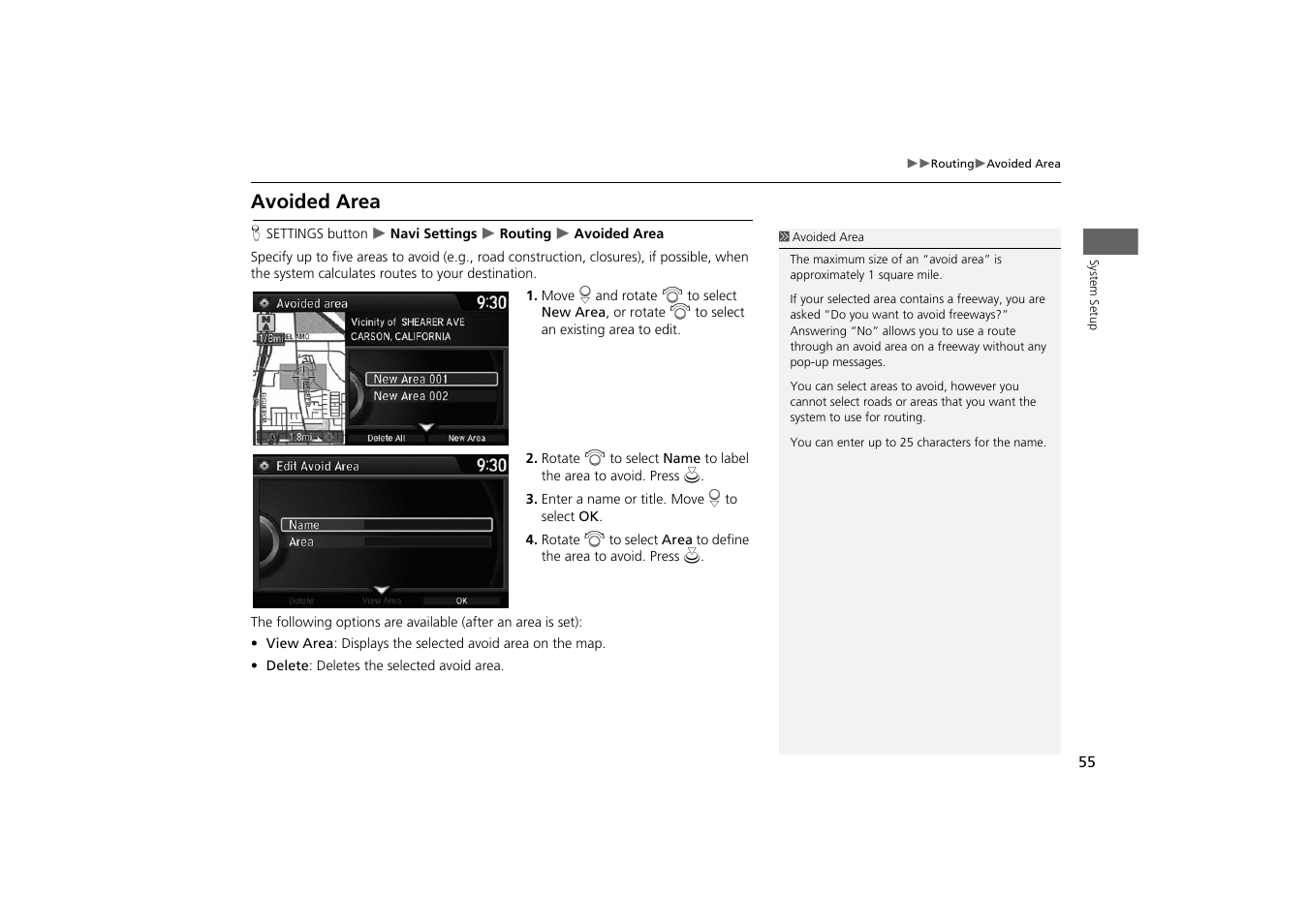 Avoided area, P. 55 | HONDA 2014 Odyssey - Navigation Manual User Manual | Page 56 / 327