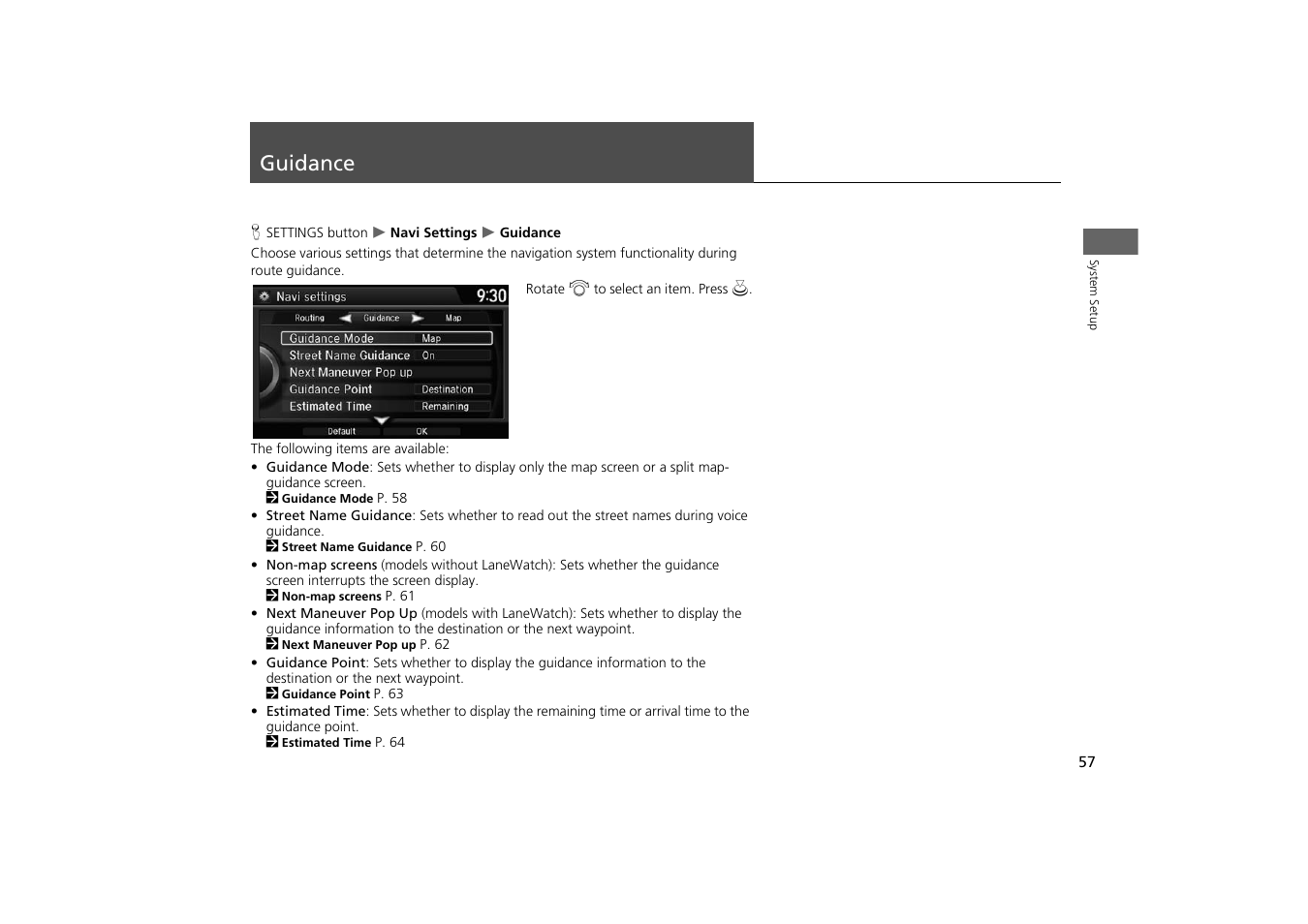 Guidance 57, Guidance | HONDA 2014 Odyssey - Navigation Manual User Manual | Page 58 / 327