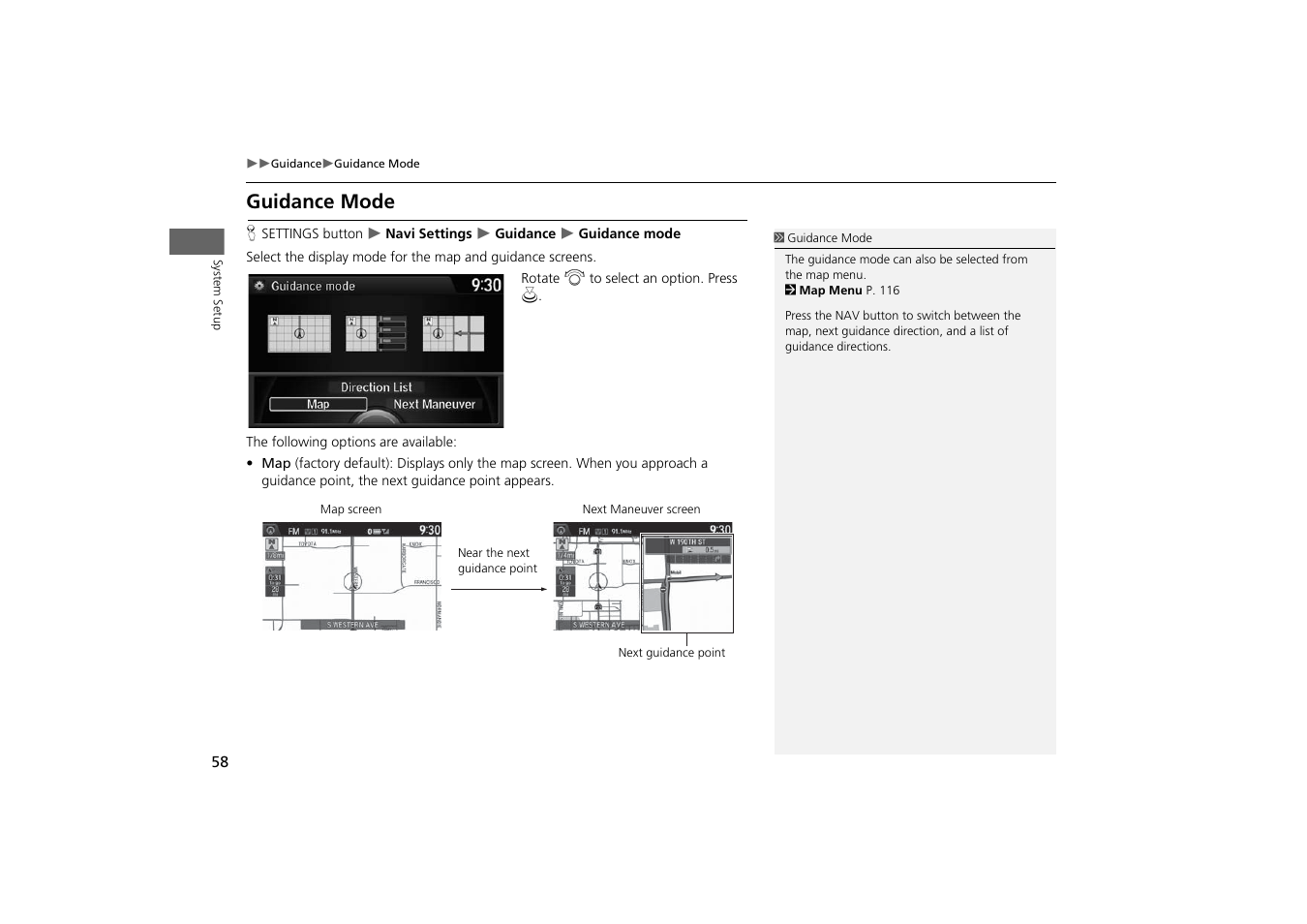 Guidance mode, Guidance screen. 2, P. 58 | HONDA 2014 Odyssey - Navigation Manual User Manual | Page 59 / 327