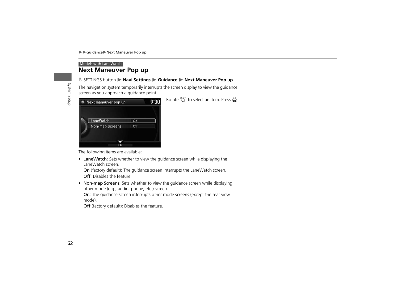 Next maneuver pop up, P. 62 | HONDA 2014 Odyssey - Navigation Manual User Manual | Page 63 / 327