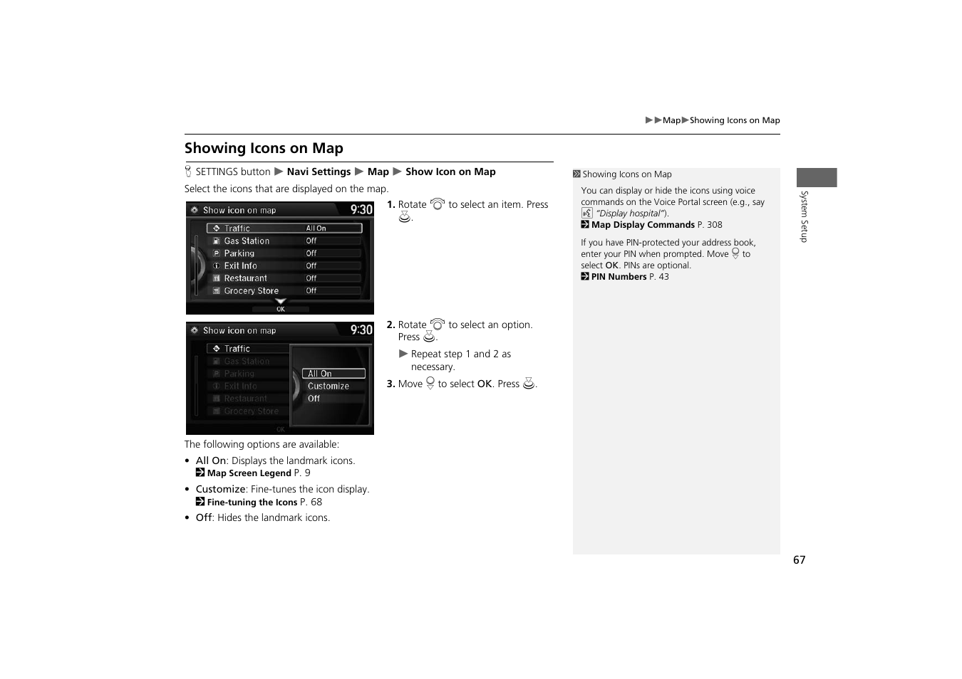 P67), Showing icons on map, P. 67 | HONDA 2014 Odyssey - Navigation Manual User Manual | Page 68 / 327