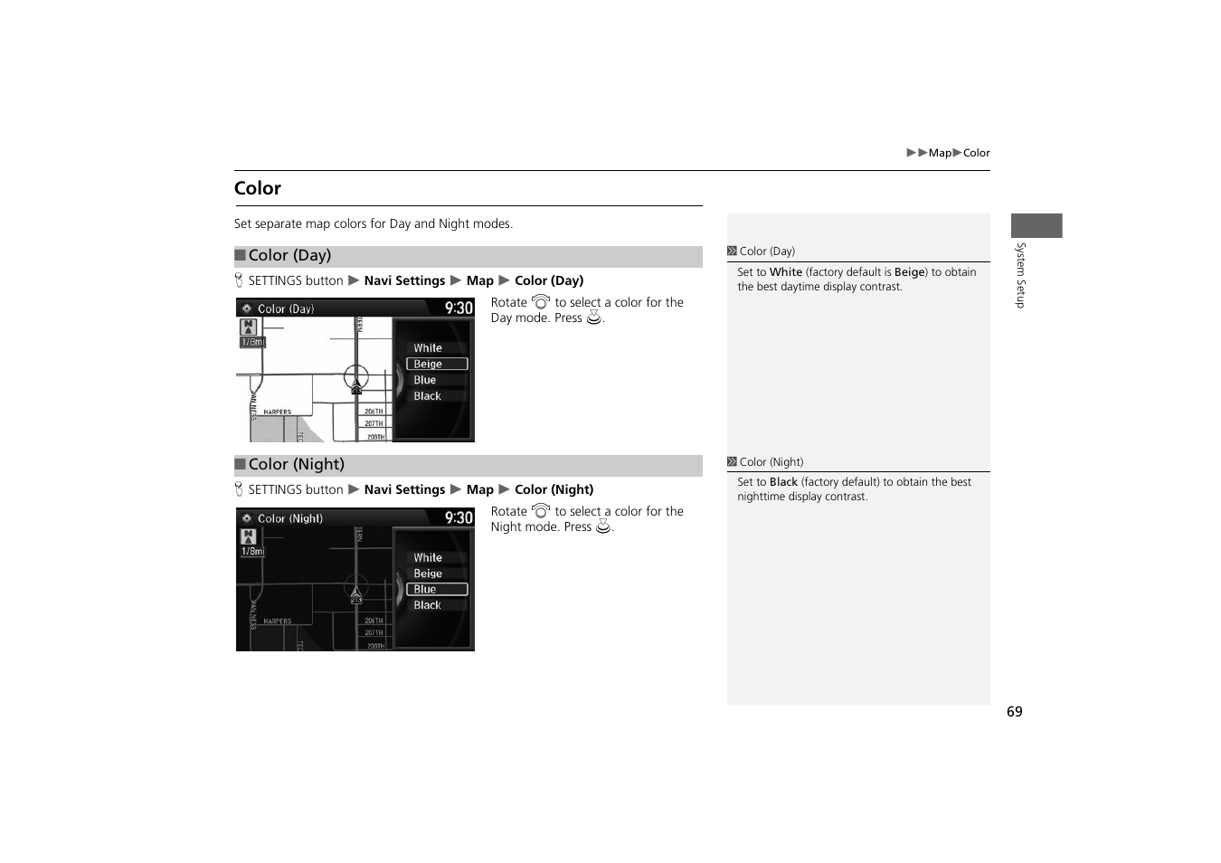 Color, P. 69 | HONDA 2014 Odyssey - Navigation Manual User Manual | Page 70 / 327