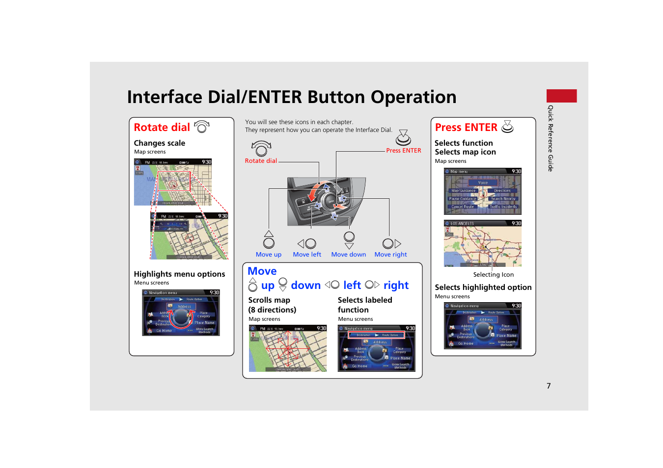Interface dial/enter button operation | HONDA 2014 Odyssey - Navigation Manual User Manual | Page 8 / 327