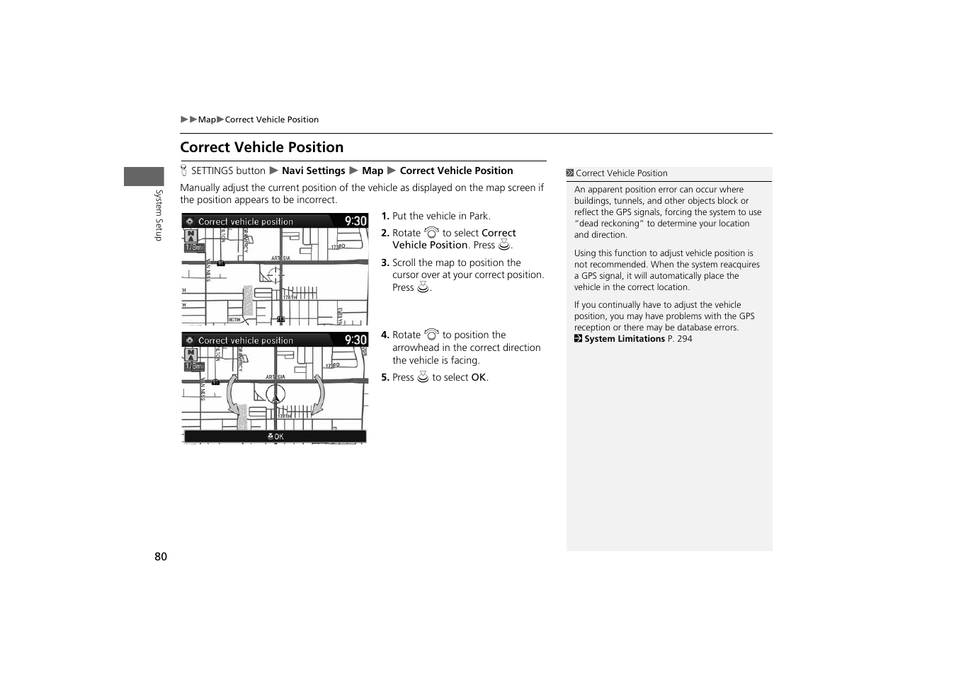 Correct vehicle position, P. 80 | HONDA 2014 Odyssey - Navigation Manual User Manual | Page 81 / 327