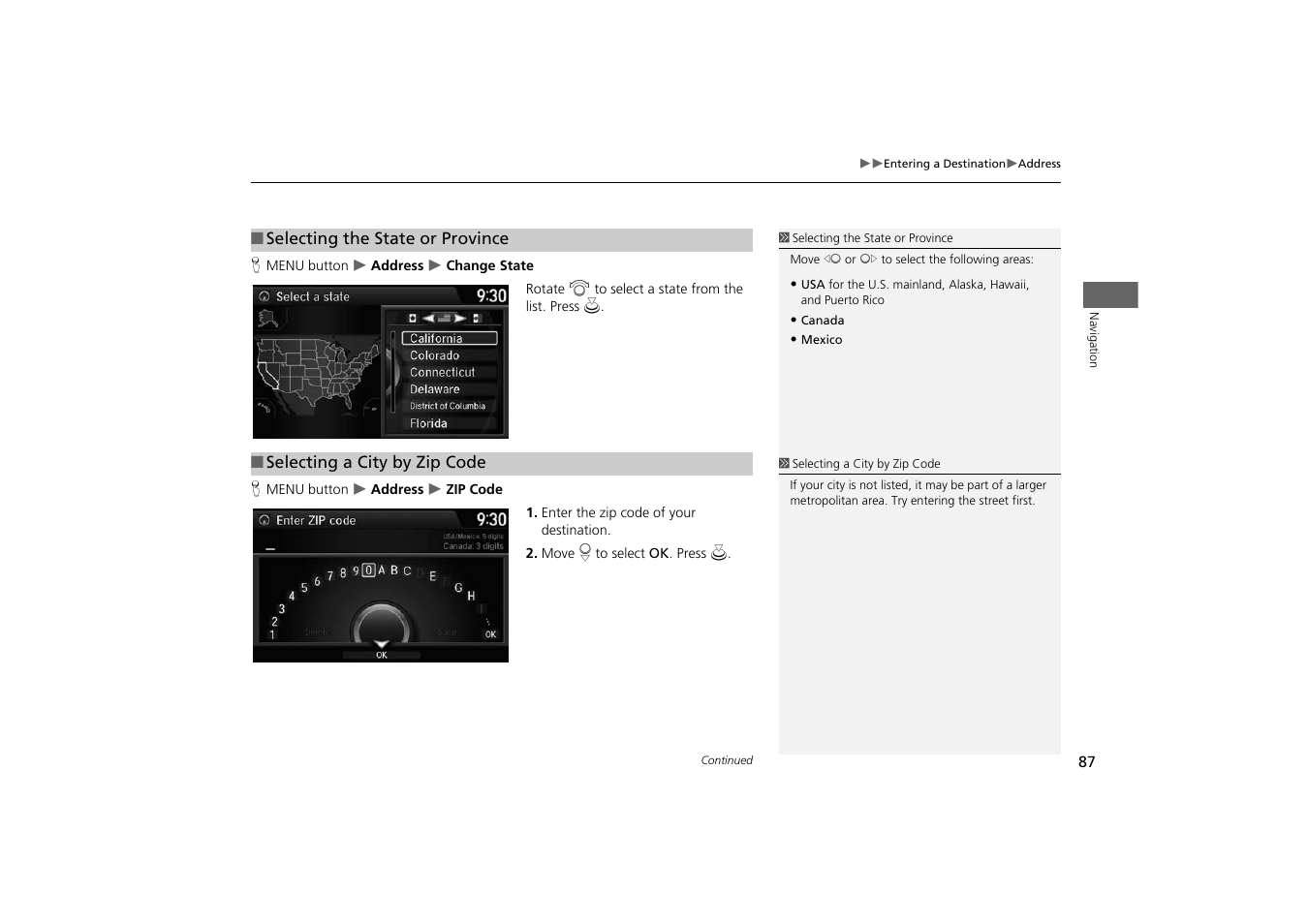 The city, 2 selecting a city by zip code, P. 87 | 2 selecting the state or province | HONDA 2014 Odyssey - Navigation Manual User Manual | Page 88 / 327