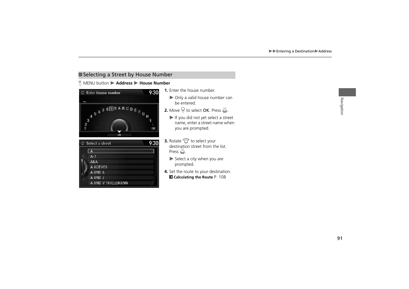 2 selecting a street by house number, P. 91 | HONDA 2014 Odyssey - Navigation Manual User Manual | Page 92 / 327