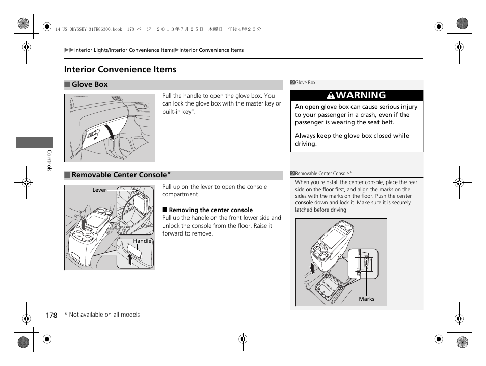 P178, P178), Interior convenience items | Warning | HONDA 2014 Odyssey - Owner's Manual User Manual | Page 179 / 565