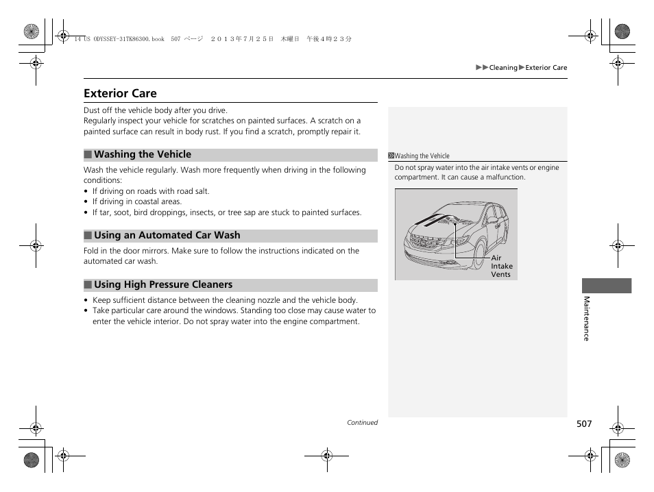 Exterior care | HONDA 2014 Odyssey - Owner's Manual User Manual | Page 508 / 565