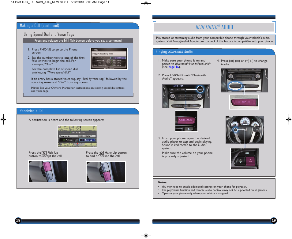 P.19, Bluetooth, Audio | Using speed dial and voice tags, Playing bluetooth audio, Receiving a call, Making a call (continued) | HONDA 2014 Pilot (EX-L with Navigation) - Technology Reference Guide User Manual | Page 11 / 14