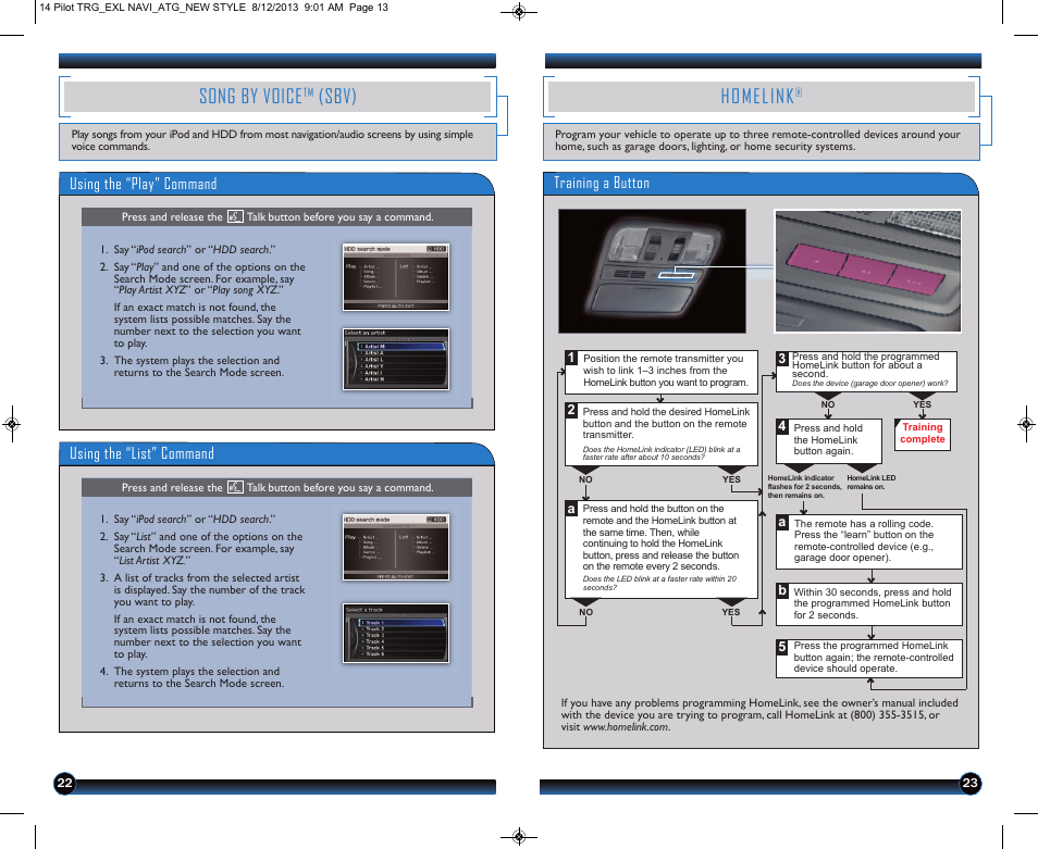 Song by voice, Sbv), Homelink | Using the “play” command, Using the “list” command, Training a button | HONDA 2014 Pilot (EX-L with Navigation) - Technology Reference Guide User Manual | Page 13 / 14