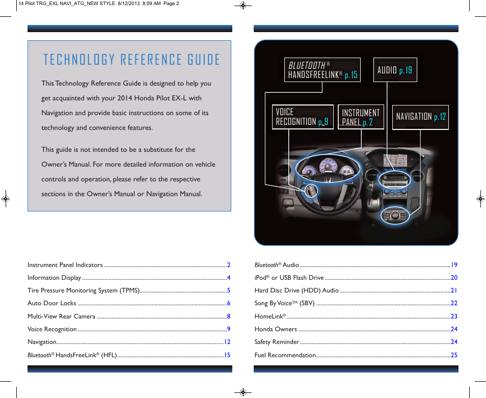 Technology reference guide, Bluetooth, Handsfreelink | HONDA 2014 Pilot (EX-L with Navigation) - Technology Reference Guide User Manual | Page 2 / 14