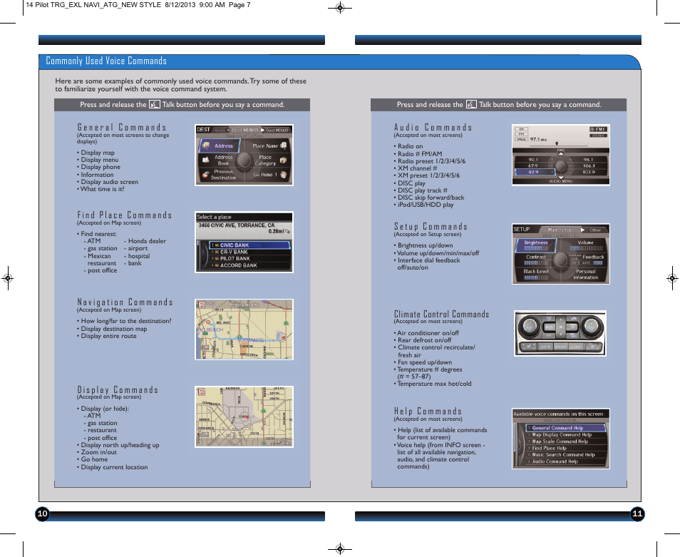 Commonly used voice commands, Climate control commands | HONDA 2014 Pilot (EX-L with Navigation) - Technology Reference Guide User Manual | Page 7 / 14