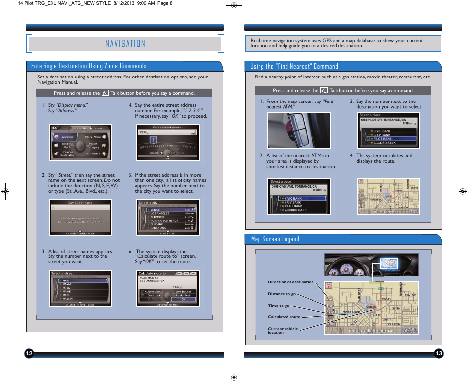 P.12, Navigation, Entering a destination using voice commands | Using the “find nearest” command map screen legend | HONDA 2014 Pilot (EX-L with Navigation) - Technology Reference Guide User Manual | Page 8 / 14