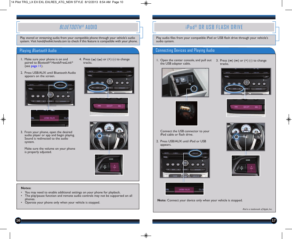 P.16, Bluetooth, Audio | Ipod, Or usb flash drive | HONDA 2014 Pilot (LX, EX, EX-L and EX-L w/ RES) - Technology Reference Guide User Manual | Page 10 / 12
