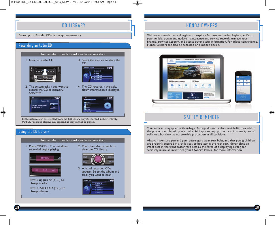 Cd library, Honda owners, Safety reminder | HONDA 2014 Pilot (LX, EX, EX-L and EX-L w/ RES) - Technology Reference Guide User Manual | Page 11 / 12