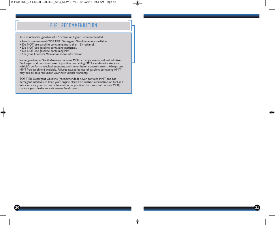 Fuel recommendation | HONDA 2014 Pilot (LX, EX, EX-L and EX-L w/ RES) - Technology Reference Guide User Manual | Page 12 / 12