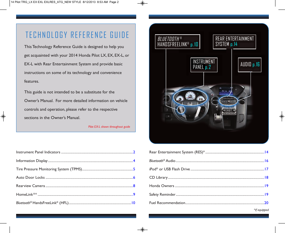 Technology reference guide, Audio p.16 rear entertainment system p.14, Bluetooth | Handsfreelink, P.10 instrument panel p.2 | HONDA 2014 Pilot (LX, EX, EX-L and EX-L w/ RES) - Technology Reference Guide User Manual | Page 2 / 12