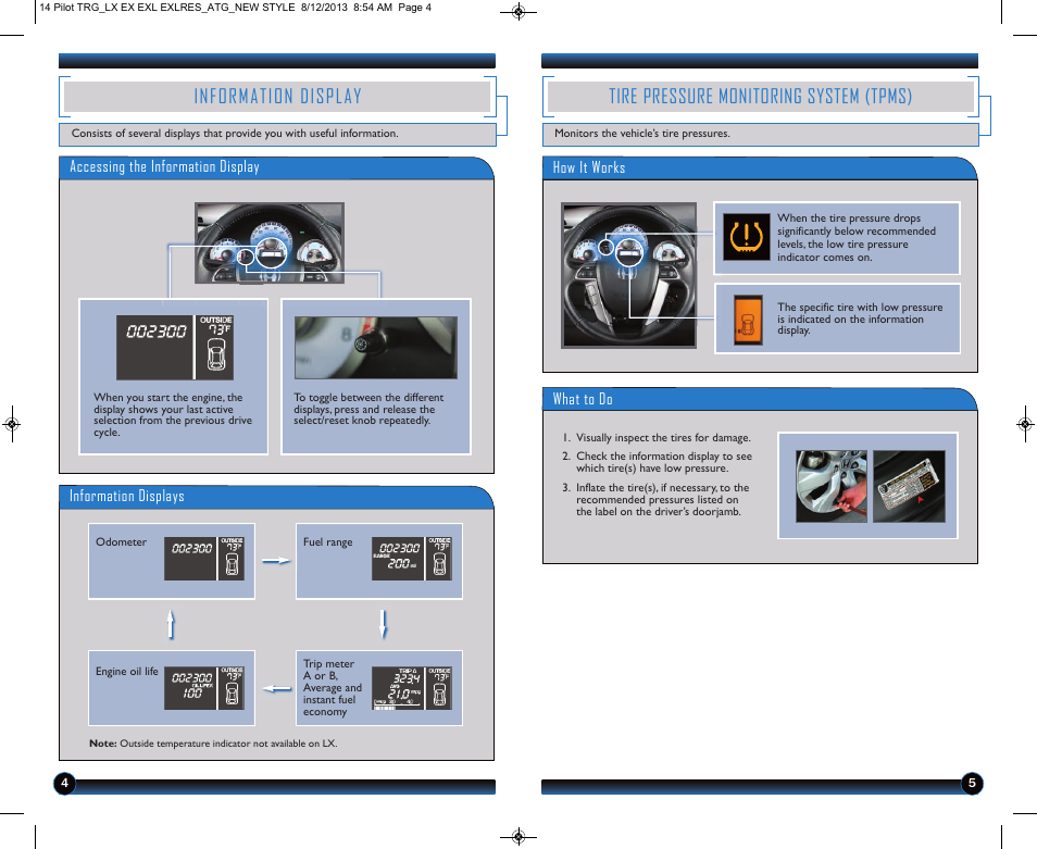 Information display, Tire pressure monitoring system (tpms) | HONDA 2014 Pilot (LX, EX, EX-L and EX-L w/ RES) - Technology Reference Guide User Manual | Page 4 / 12