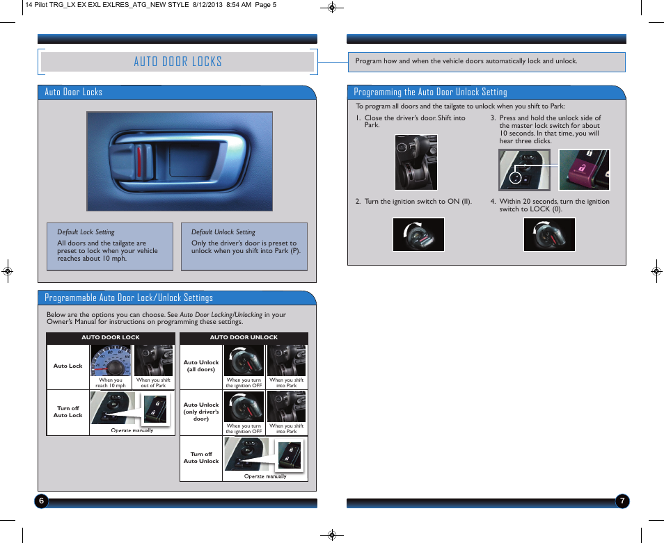 Auto door locks, Programmable auto door lock/unlock settings, Programming the auto door unlock setting | HONDA 2014 Pilot (LX, EX, EX-L and EX-L w/ RES) - Technology Reference Guide User Manual | Page 5 / 12