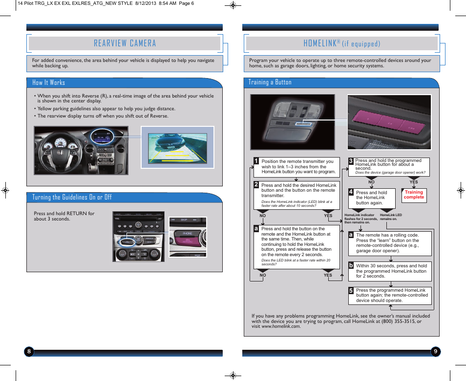 Homelink, Rearview camera, If equipped) | Training a button, How it works, Turning the guidelines on or off | HONDA 2014 Pilot (LX, EX, EX-L and EX-L w/ RES) - Technology Reference Guide User Manual | Page 6 / 12